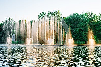 Vinnitsa, Ukraine. Fountains show with music and color. Fountains splashing on the river. Dancing fountains on a beautiful summer Stock Photo
