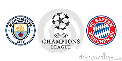 Vinnitsa, Ukraine - March 20, 2023: Football soccer Manchester City vs Bayern Munchen club icons.League of champions. Cartoon Illustration