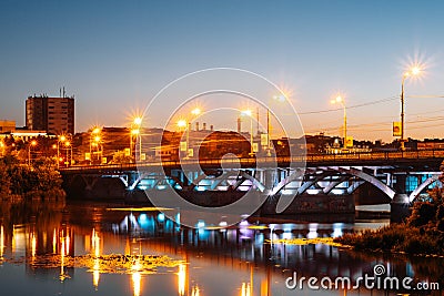 Vinnitsa, Ukraine. Panorama of beautiful city. Bridge and river on night city background. River on the background of urban evening Editorial Stock Photo