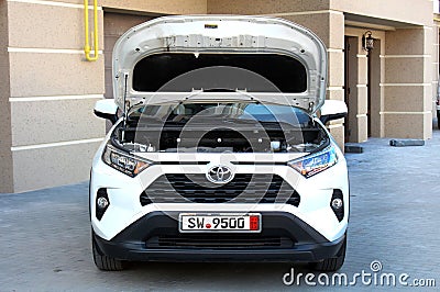Vinnytsia, Ukraine March 06, 2024. New Toyota RAV4 open hood. Toyota RAV4 engine. Editorial Stock Photo