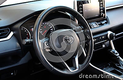 Vinnytsia, Ukraine March 06, 2024. New Toyota RAV4 steering wheel. Close up Toyota steering wheel. Toyota RAV4 dashboard. Editorial Stock Photo