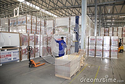 Manufacture of freezers for retail. Refrigeration equipment manufacturing. Editorial Stock Photo
