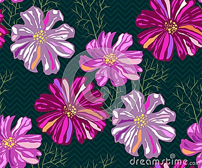 Seamless pattern with Cosmos bipinnatus. Hand drawing decorative background. Vector pattern. Print for textile, cloth, wallpaper, Stock Photo