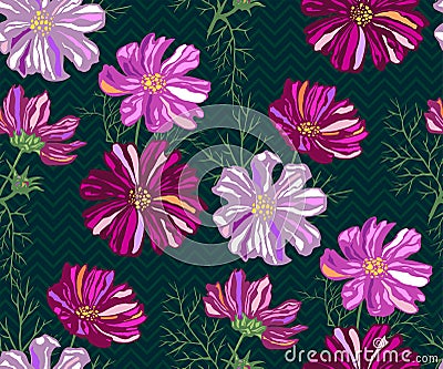 Seamless pattern with Cosmos bipinnatus. Hand drawing decorative background. Vector pattern. Print for textile, cloth, wallpaper, Stock Photo