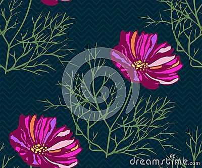 Seamless pattern with Cosmos bipinnatus. Hand drawing decorative background. Vector pattern. Print for textile, cloth, wallpaper, Stock Photo