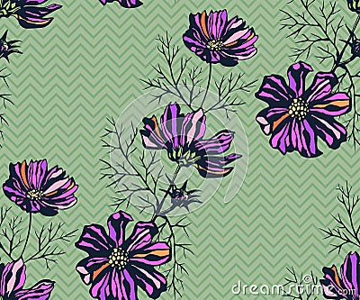 Seamless pattern with Cosmos bipinnatus. Hand drawing decorative background. Vector pattern. Print for textile, cloth, wallpaper, Vector Illustration