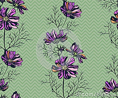 Seamless pattern with Cosmos bipinnatus. Hand drawing decorative background. Vector pattern. Print for textile, cloth, wallpaper, Stock Photo