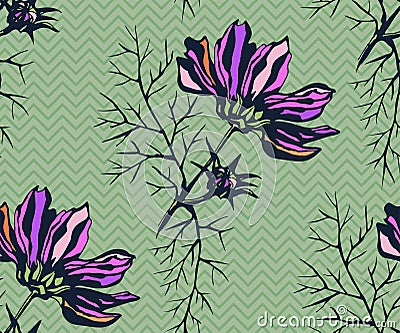 Seamless pattern with Cosmos bipinnatus. Hand drawing decorative background. Vector pattern. Print for textile, cloth, wallpaper, Stock Photo