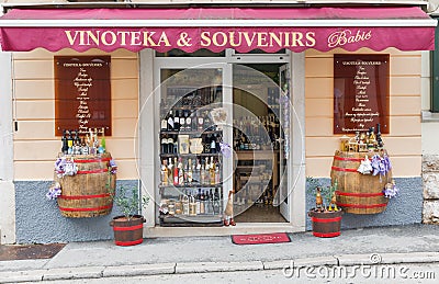 Vinoteka and souvenirs shop in Porec, Crioatia. Editorial Stock Photo