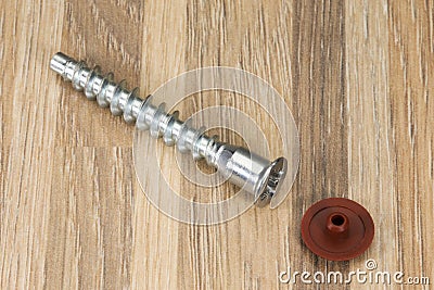 Vint-konfirmat for assembly of furniture from wood. Stock Photo