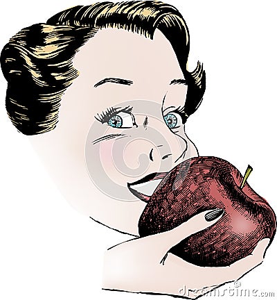 Vintage 1950s Woman Eating Apple Vector Illustration