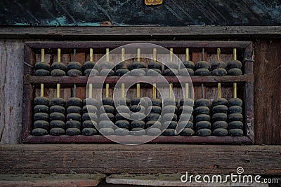 Vintage Abacuses Ancient Old display in a collection on wooden wall with so many cobwebs cover on the Abacuses in vintage Stock Photo