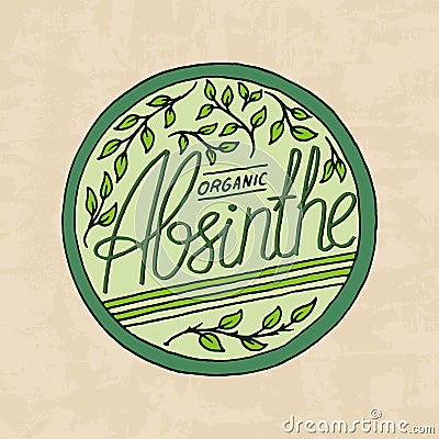 Vintage absinthe label badge. Strong Alcohol logo with calligraphic element. Frame for poster banner. Emblem sticker Vector Illustration