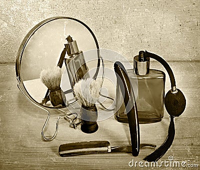 Vintage accessories for shaving. Razor and shaving brush. Stock Photo