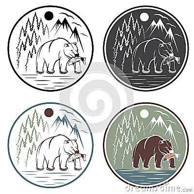 Vintage adventure labels with bear,salmon and mountains Vector Illustration