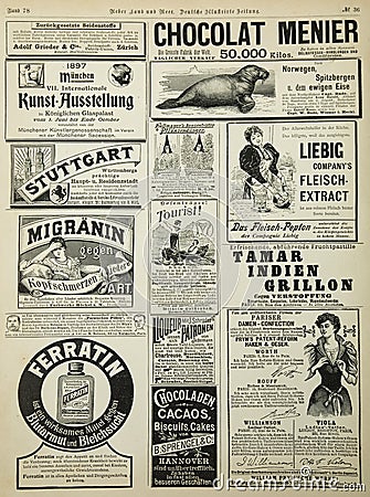 Vintage advertising newspaper, published in Germany 1897 Editorial Stock Photo