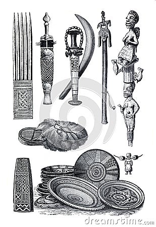 Vintage African traditional culture vintage or retro illustration. Tribal art. Traditional symbols Cartoon Illustration