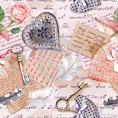 Vintage aged paper, flowers, hand written letters, keys, roses, pink textile hearts. Seamless background Stock Photo