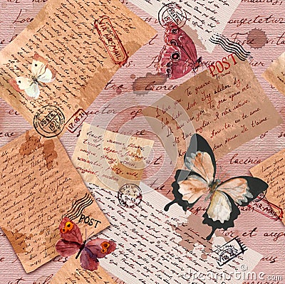 Vintage aged paper with hand written notes, butterflies, postal stamps. Repeating pattern Editorial Stock Photo