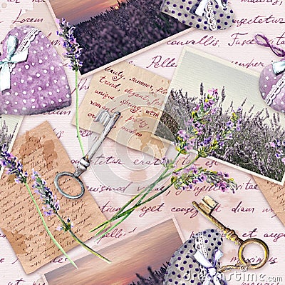 Vintage aged paper with lavender flowers, hand written letters, old keys, textile hearts. Repeating background Stock Photo