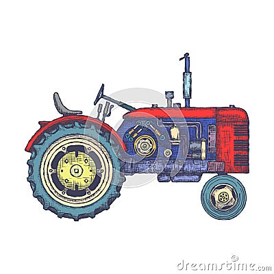 Vintage agricultural tractor, sketch. Hand drawn Vector Vector Illustration