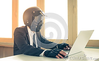 Vintage AI Artificial Intelligence Businessman Concept Click Mouse Typing Laptop Wear Glove Stock Photo