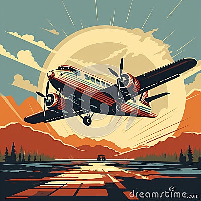 Vintage aircraft soaring through the sky with a scenic airport backdrop Stock Photo