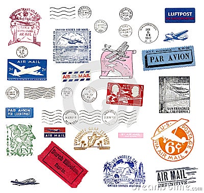 Vintage airmail labels and stamps Stock Photo