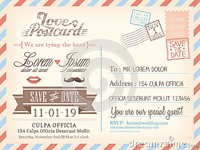 Vintage airmail postcard background template for wedding invitation Vector Illustration