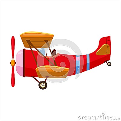 Vintage airplane biplane cartoon retro red colour. Vector isolated cartoon style Vector Illustration