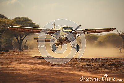 Vintage airplane landing in the desert of Africa. Vintage style, small prop plane, landing on dirt landing strip in Africa, AI Stock Photo