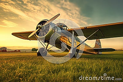 vintage airplane parked on grass airfield at sunset Stock Photo