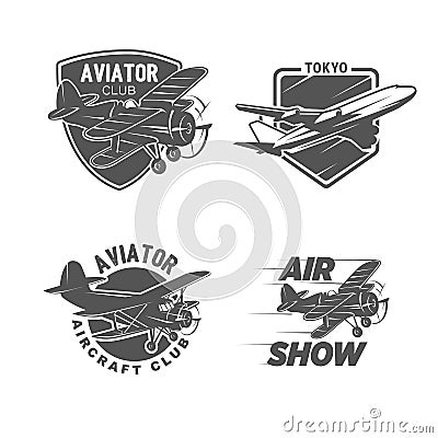 Vintage airplane symbols, logotypes, illustrations. Aviation stamps collection. Cartoon Illustration