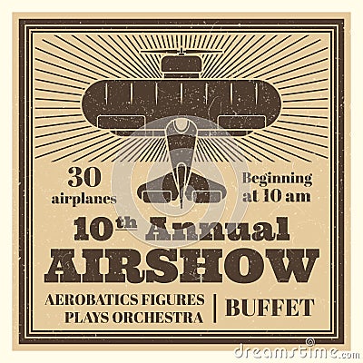 Vintage airshow poster label with airplane Vector Illustration