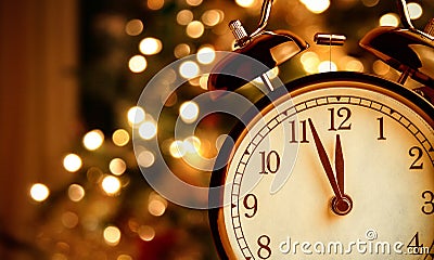 Vintage alarm clock is showing midnight. It is twelve o`clock, christmas and bokeh, holiday happy new year festive concept Stock Photo