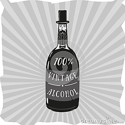 Vintage alcohol. Bottle looks like an old gentleman. Retro poster Vector Illustration