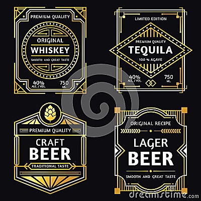 Vintage alcohol label. Art deco whiskey, tequila sign, retro craft and ager beer labels vector illustration Vector Illustration