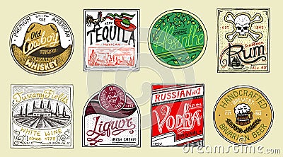 Vintage American badge. Absinthe Tequila Vodka Liqueur Rum Wine Strong whiskey Beer. Alcohol Label with calligraphic Vector Illustration