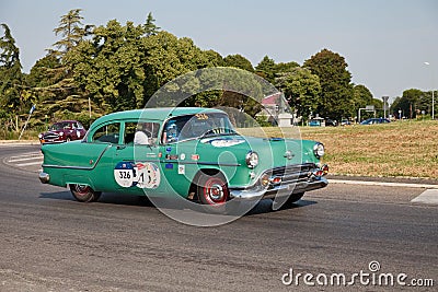 Vintage American car Oldsmobile Super Rocket 88 1954 5300 cc in classic car rally Mille Miglia in Forlimpopoli, FC, Italy Editorial Stock Photo