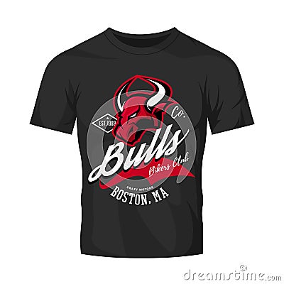 Vintage American furious bull bikers club tee print vector design isolated on black t-shirt mockup. Vector Illustration