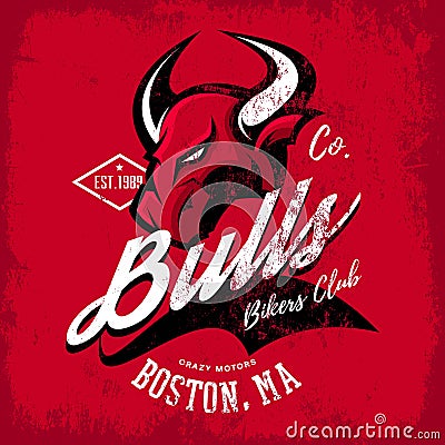 Vintage American furious bull bikers club tee print vector design on red background. Vector Illustration