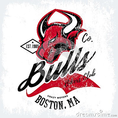 Vintage American furious bull bikers club tee print vector design on white background. Vector Illustration