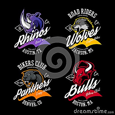 Vintage American furious bull, wolf, panther, rhino bikers club tee print vector design. Vector Illustration