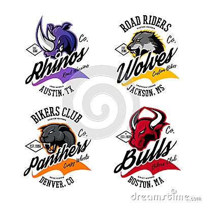 Vintage American furious bull, wolf, panther, rhino bikers club tee print vector design. Vector Illustration