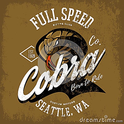 Vintage American furious cobra bikers club tee print vector design isolated on khaki background. Vector Illustration