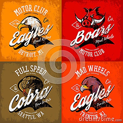 Vintage American furious eagle, boar and cobra bikers club tee print vector design set. Vector Illustration