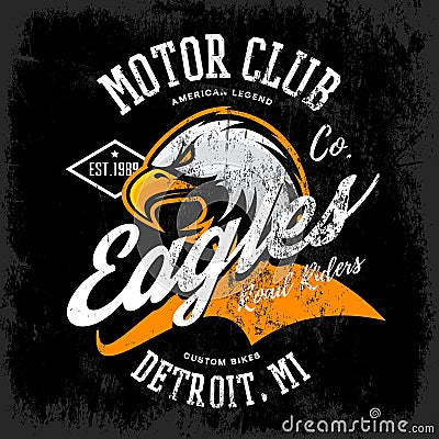 Vintage American furious eagle custom bike motor club tee print vector design isolated on dark background. Vector Illustration