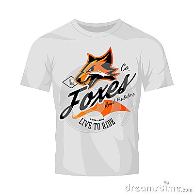 Vintage American furious fox bikers club tee print vector design isolated on white t-shirt mockup. Vector Illustration