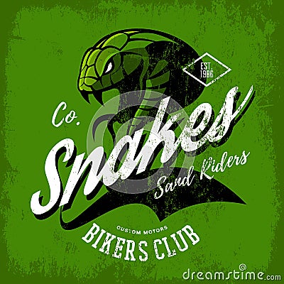 Vintage American furious green snake bikers club tee print vector design. Vector Illustration