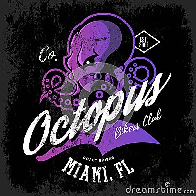 Vintage American furious octopus bikers club tee print vector design on dark background. Vector Illustration